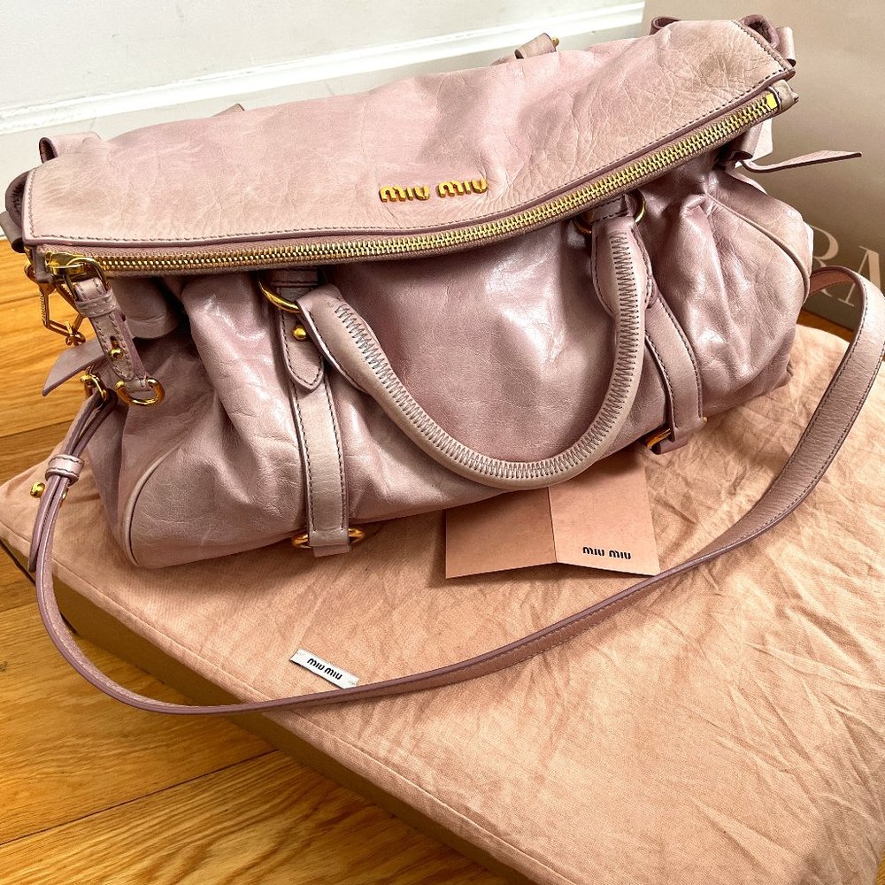 Authentic Miu Miu Vitello Lux Large Bow Bag in Mughetto